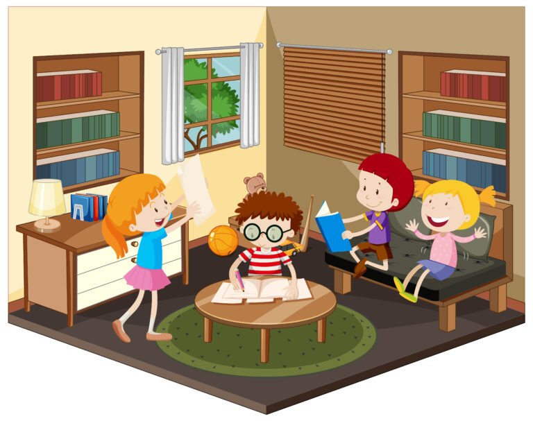 Happy kid doing homework in the living room